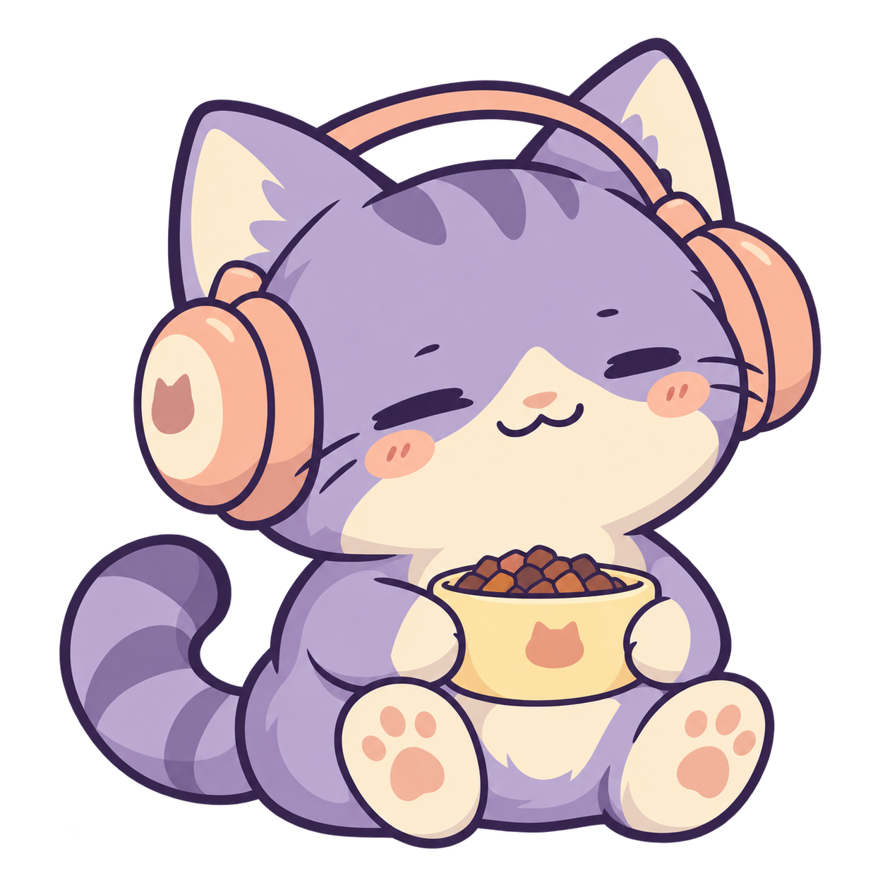 Chat au casque avec sa gamelle